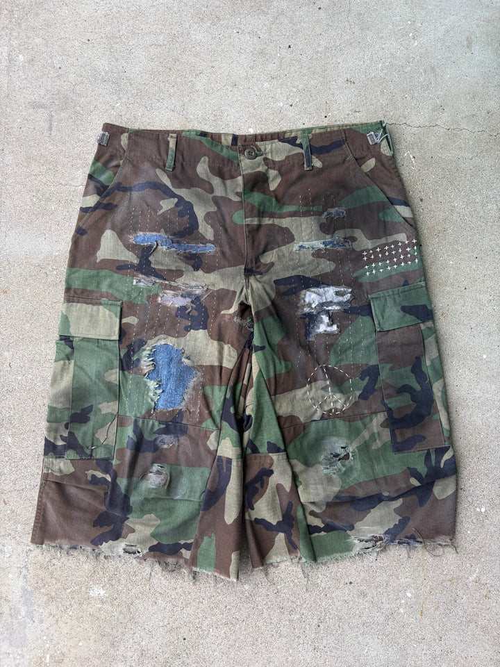 Distressed Sashiko Baggy Camo Shorts W34