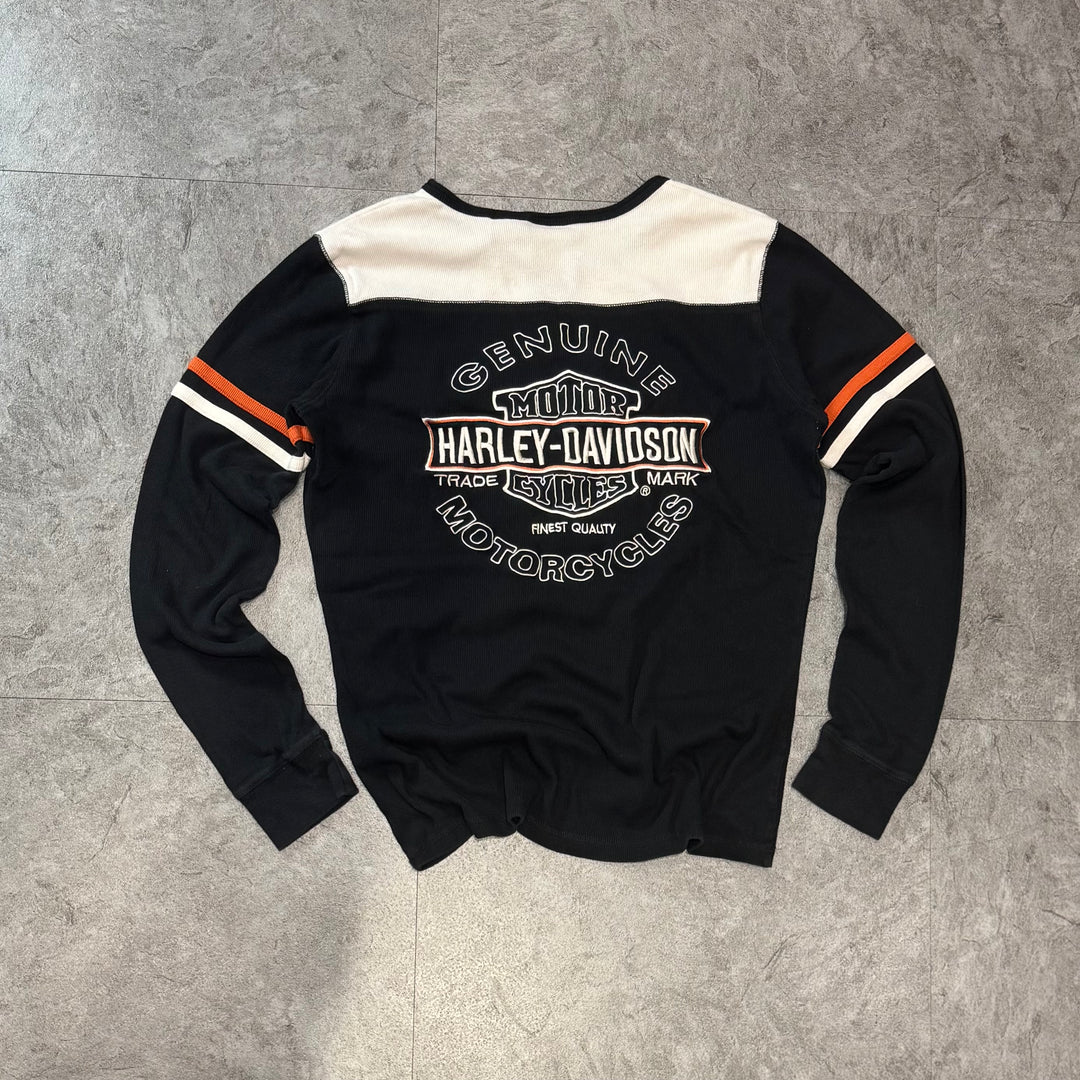 古着 Harley-Davidson ハーレーダビッドソン ロングスリーブプリントTシャツ ハーフボタン レディース Y2K サイズL