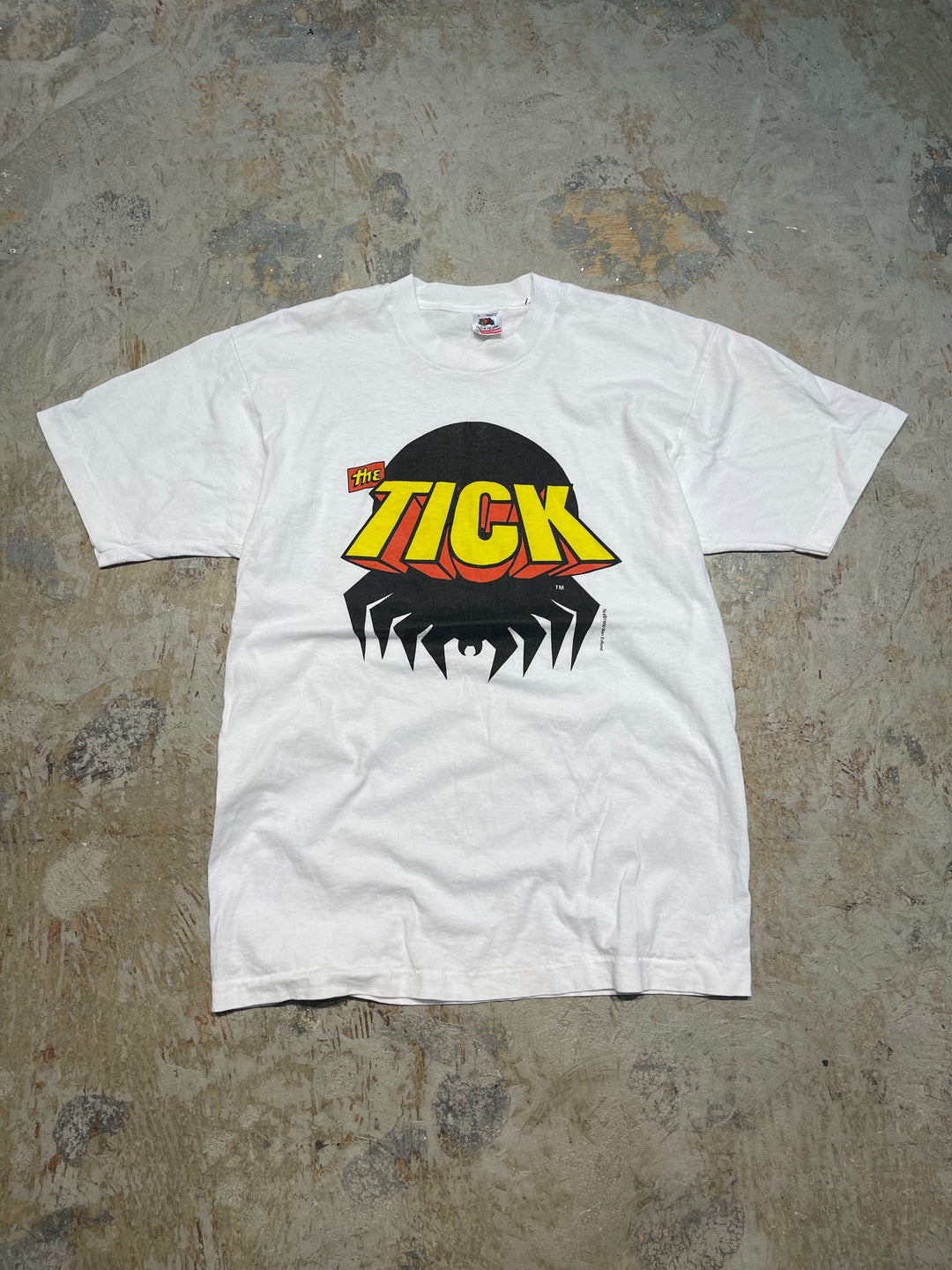#MA153 古着 USA製 90's フルーツオブザルーム/ THE TICK / ニューイングランド･コミック/ ヴィンテージ シングルステッチ プリントTシャツ/サイズL