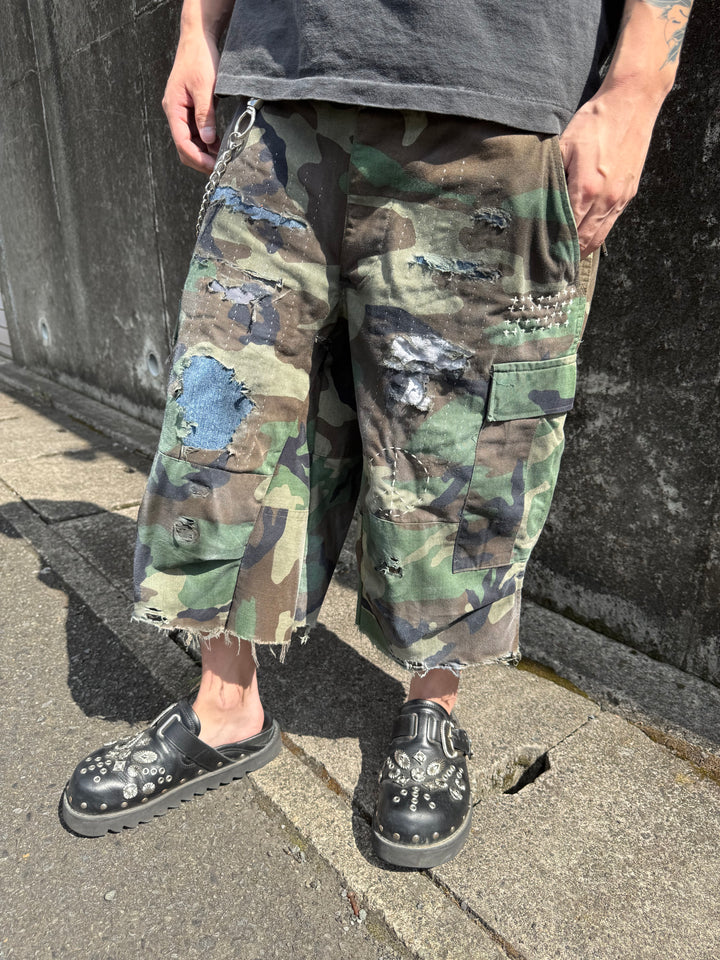 Distressed Sashiko Baggy Camo Shorts W34