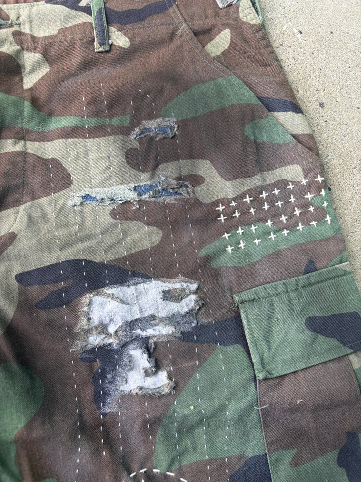 Distressed Sashiko Baggy Camo Shorts W34