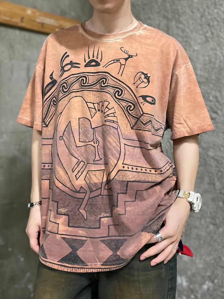 #4673 古着 USA製 90's Hanesヘインズ/ココペリ 精霊/ヴィンテージ シングルステッチ Tシャツ/後染め/サイズXL