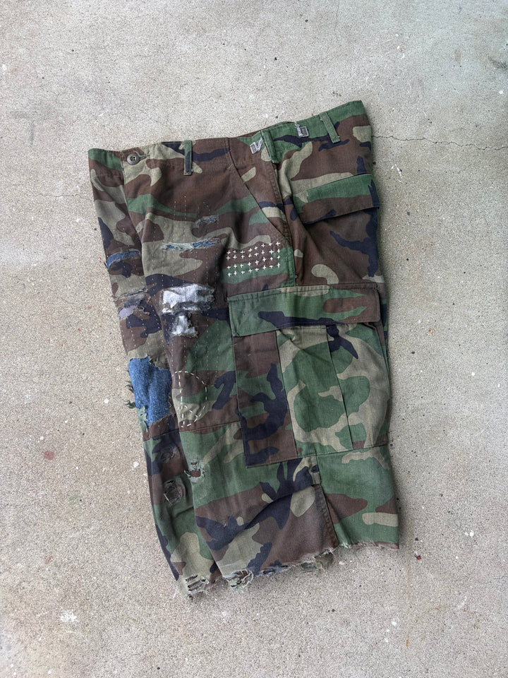 Distressed Sashiko Baggy Camo Shorts W34