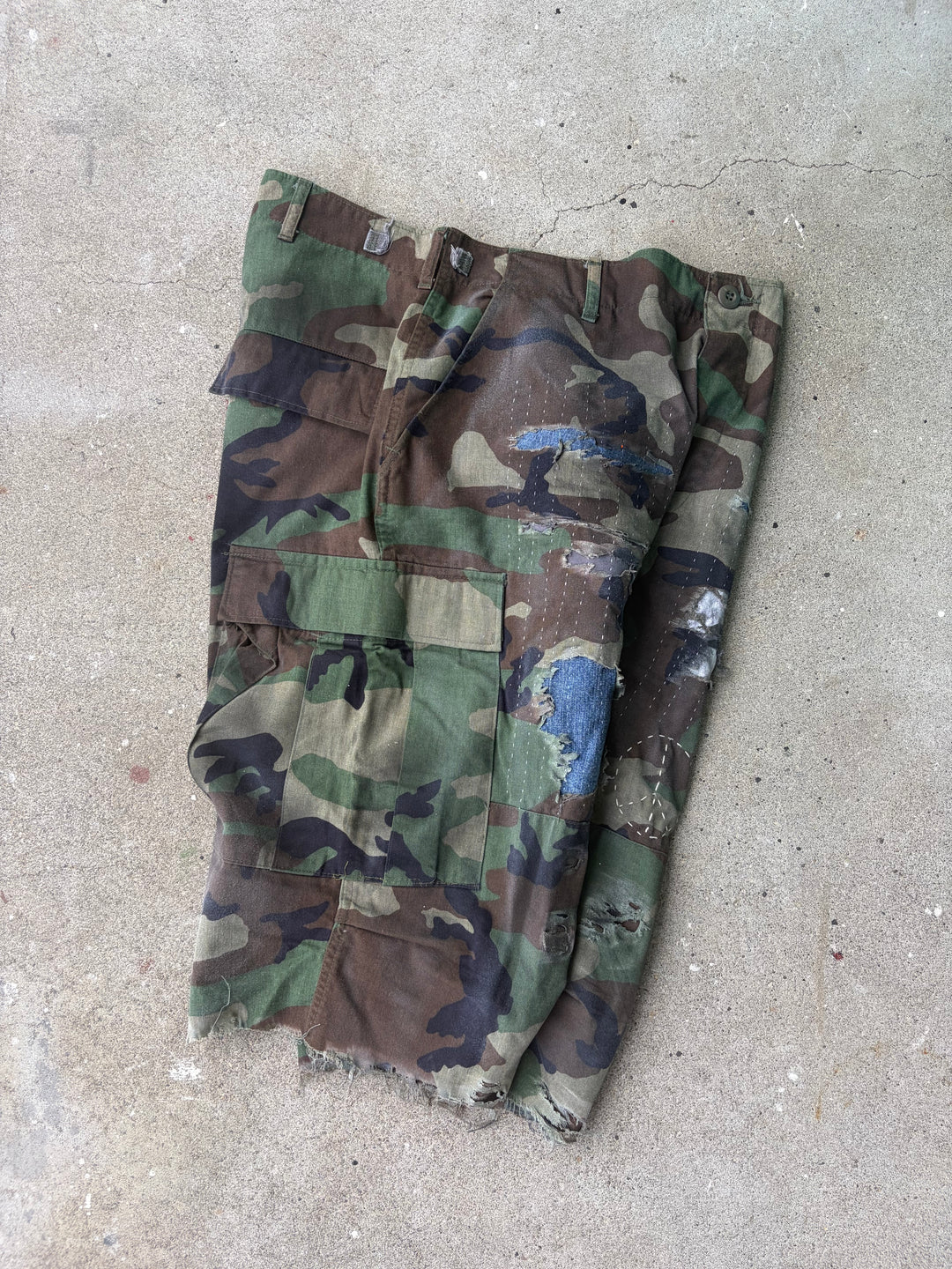 Distressed Sashiko Baggy Camo Shorts W34
