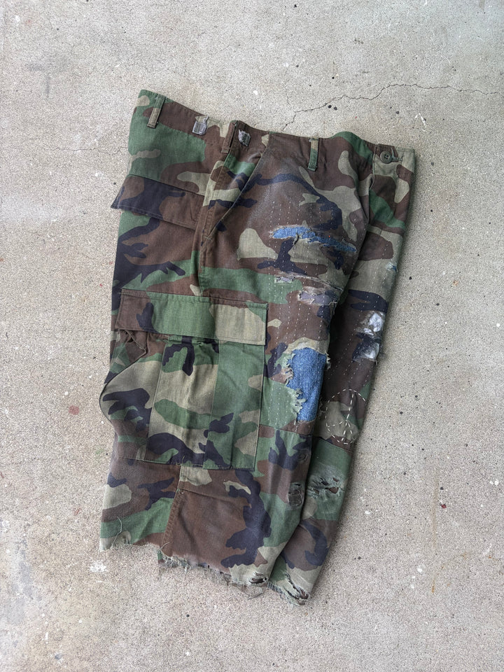 Distressed Sashiko Baggy Camo Shorts W34