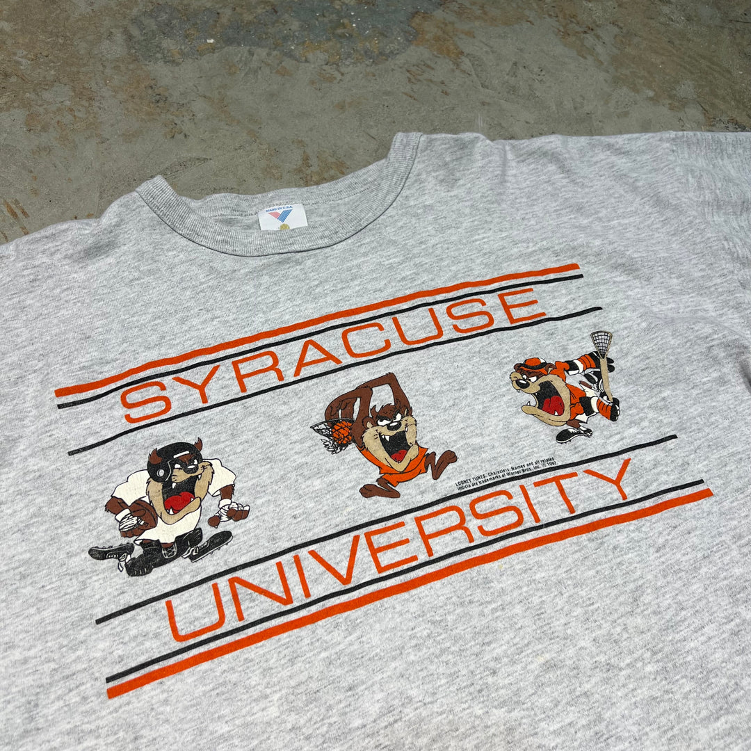 古着 USA製 92's シラシュース大学/ダズマニアン･デビル/ルーニーテューンズ/ワーナーブラザース/ヴィンテージ シングルステッチ プリントTシャツ/サイズL相当