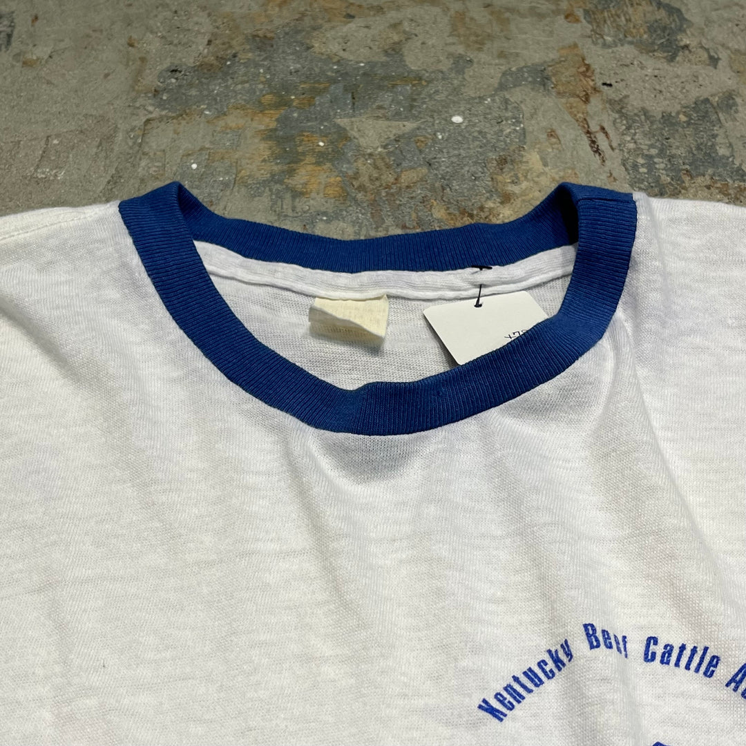 #4786 古着 USA製80's~ 紙タグ/ヴィンテージ プリントリンガーTシャツ/サイズM L相当