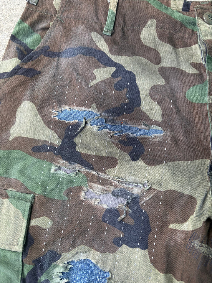 Distressed Sashiko Baggy Camo Shorts W34