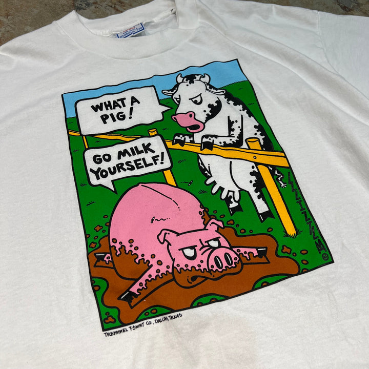 古着 USA製 なんで豚なんだ！ 自分で搾乳しに行きましょう！/ヴィンテージ シングルステッチ プリントTシャツ/サイズXL