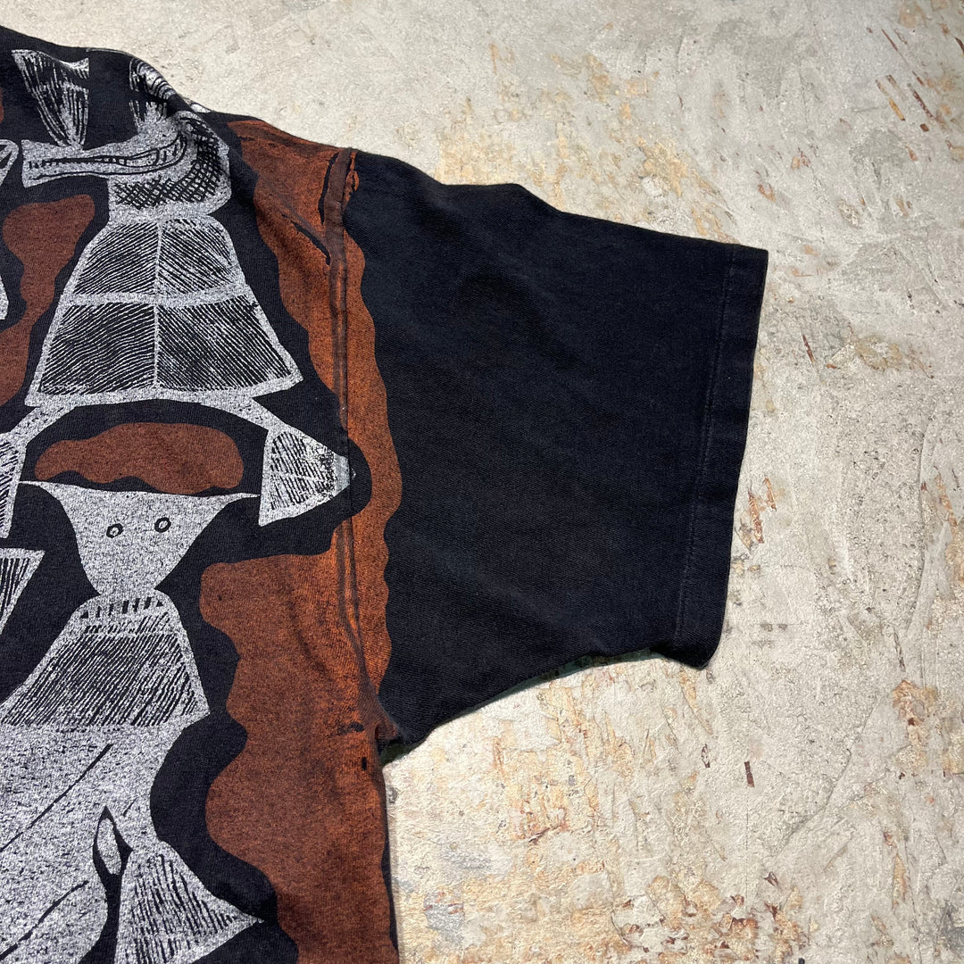 古着 90's ヘインズ/USA製 アフリカ/セヌフォ布 柄/アート系/ヴィンテージ シングルステッチ プリントTシャツ/サイズXL
