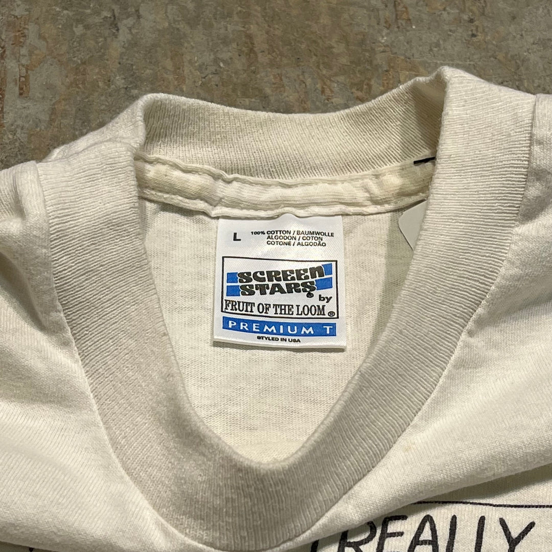 古着 90's USA製 スクリーン スターズ / cruzcampo beer / OH GOD ! I REALLY LOVE THIS BEER! / ヴィンテージ シングルステッチ プリントTシャツ/サイズL