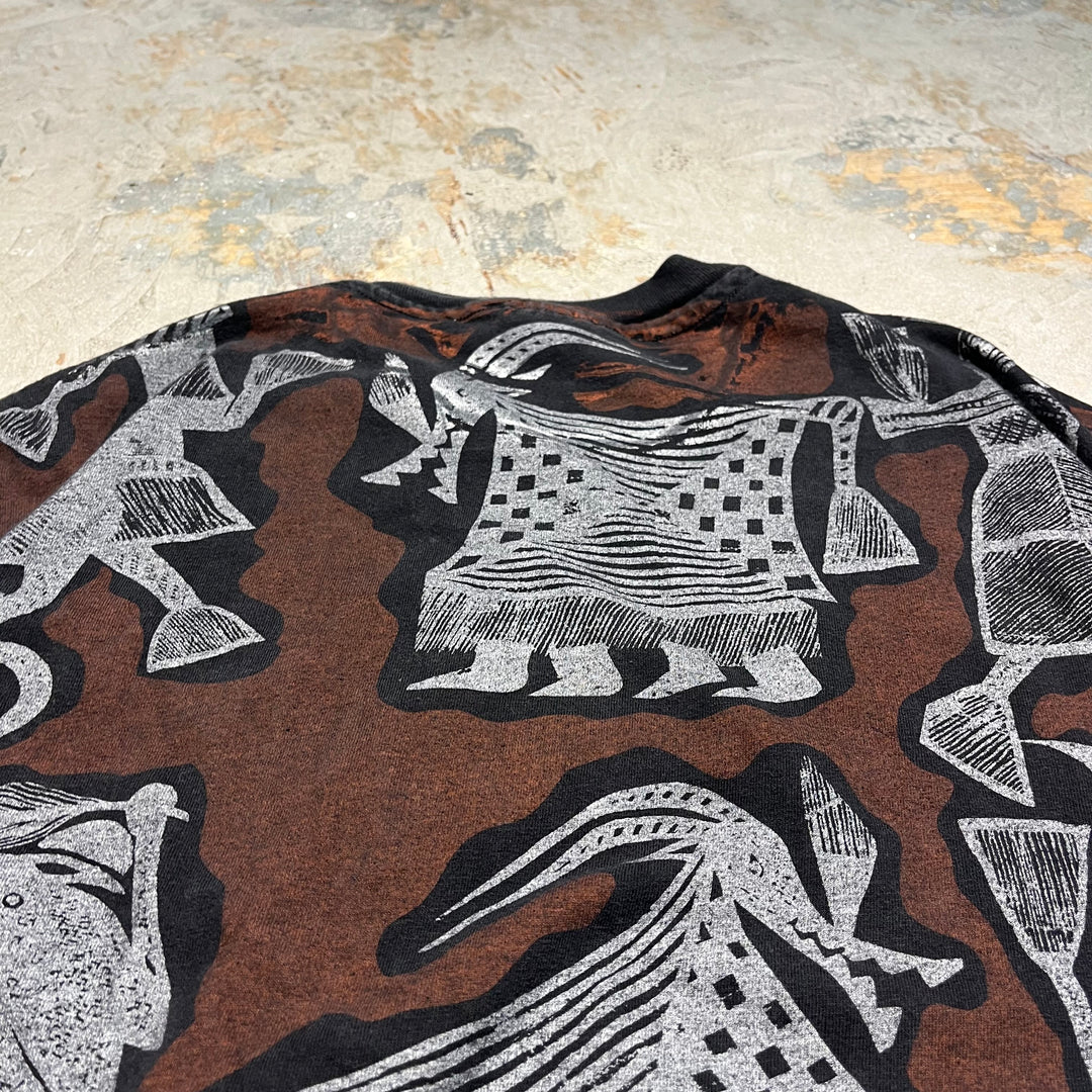 古着 90's ヘインズ/USA製 アフリカ/セヌフォ布 柄/アート系/ヴィンテージ シングルステッチ プリントTシャツ/サイズXL