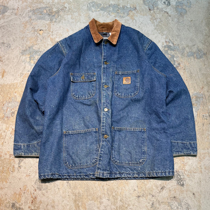古着 USA製 Carhartt/ カーハート/ ミシガンチョアコート/ デニム地/襟コーデュロイ/裏地ブランケット/ サイズL