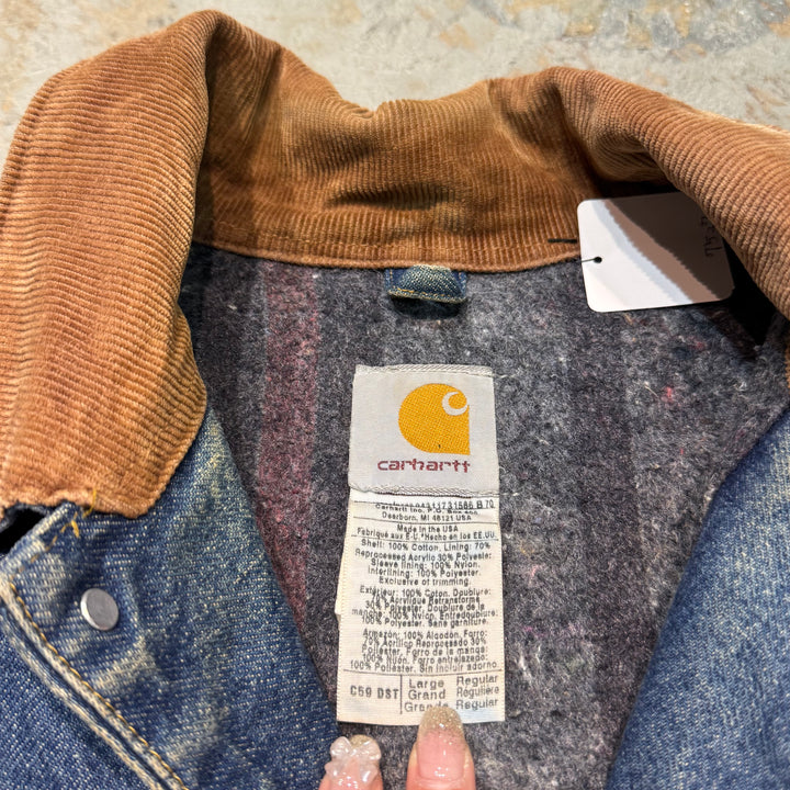 古着 USA製 Carhartt/ カーハート/ ミシガンチョアコート/ デニム地/襟コーデュロイ/裏地ブランケット/ サイズL